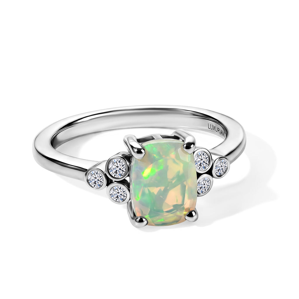 Luxuriant Ethiopian Opal, Lab Grown Diamond Main Stone With Side Stone Ring in Rhodium OverlaySterling Silver  0.960  Ct._8565613