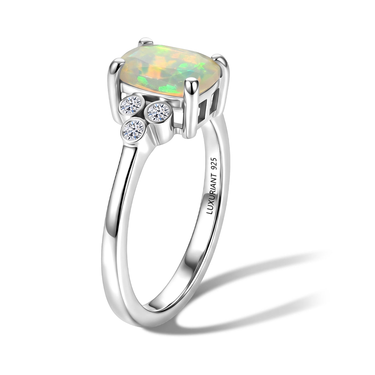 Luxuriant Ethiopian Opal, Lab Grown Diamond Main Stone With Side Stone Ring in Rhodium OverlaySterling Silver  0.960  Ct. V32578153 2