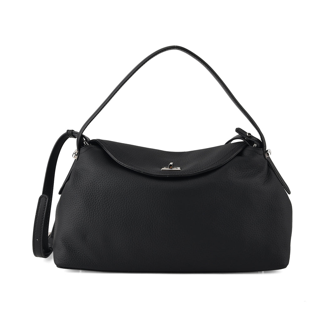 Genuine Leather Slouchy Flapover Crossbody Shoulder Bag - Black_8565732