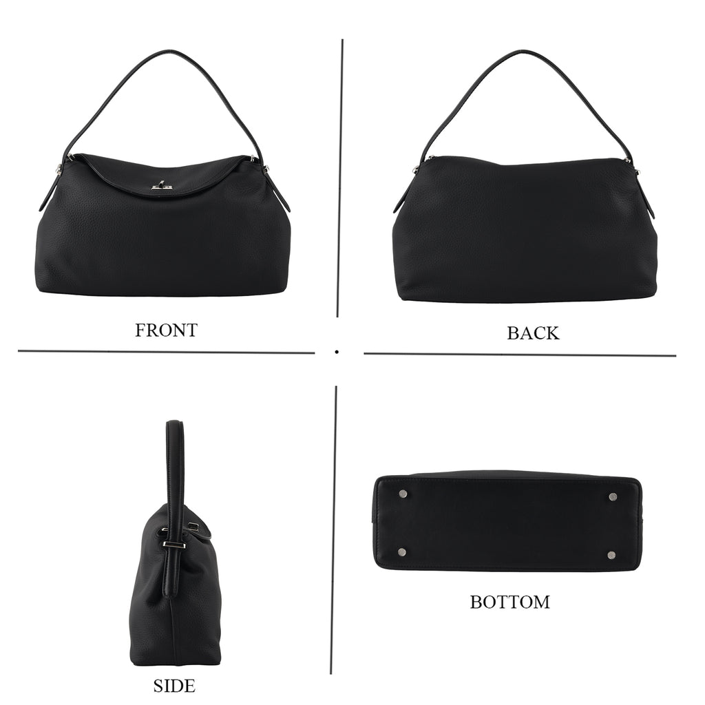 Genuine Leather Slouchy Flapover Crossbody Shoulder Bag - Black_8565732_4