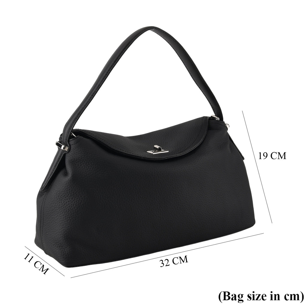 Genuine Leather Slouchy Flapover Crossbody Shoulder Bag - Black_8565732_6