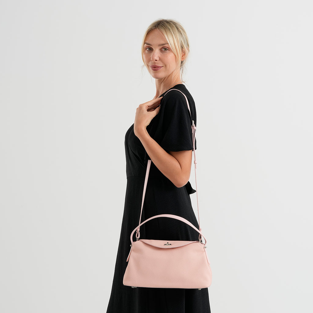 Genuine Leather Slouchy Flapover Crossbody Shoulder Bag - Pink_8565733_2