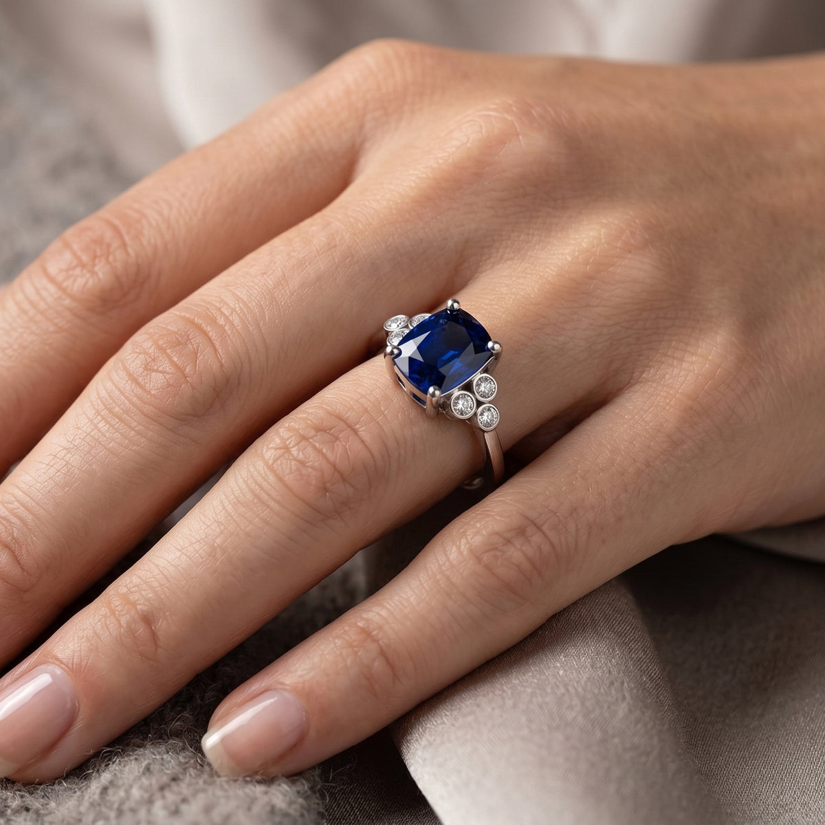 Luxuriant Masoala Sapphire, Lab Grown Diamond Main Stone With Side Stone Ring in Rhodium OverlaySterling Silver  2.450  Ct. V32594153 2