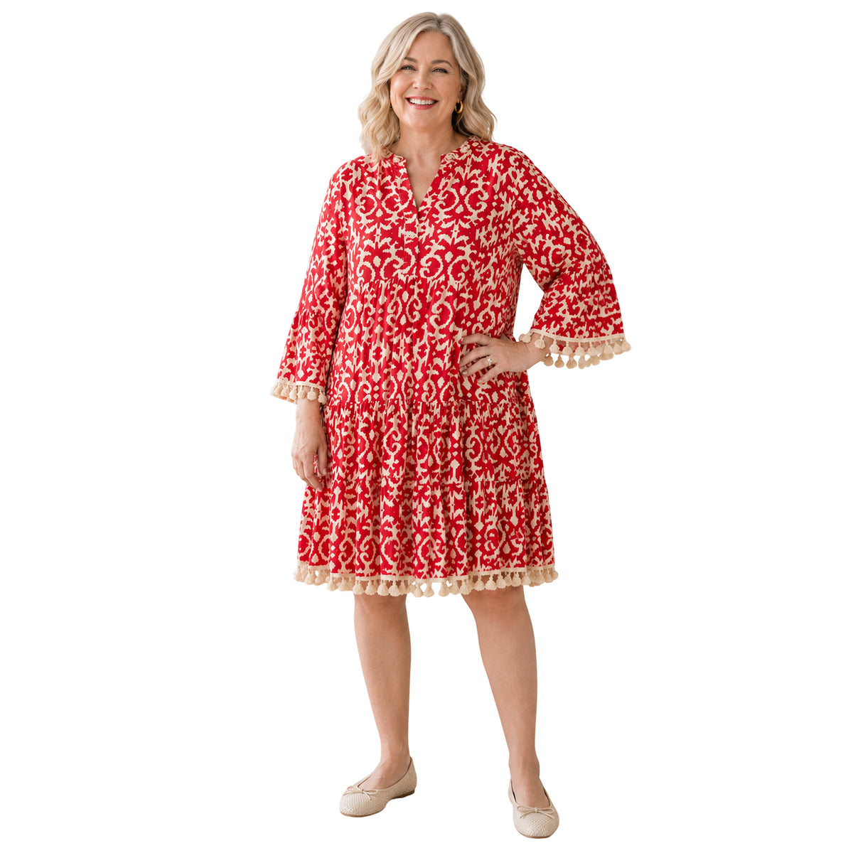 Wildflower Tassel &amp; Shell Smock Style Dress (Size L, 16-18) - Red V32702327 0