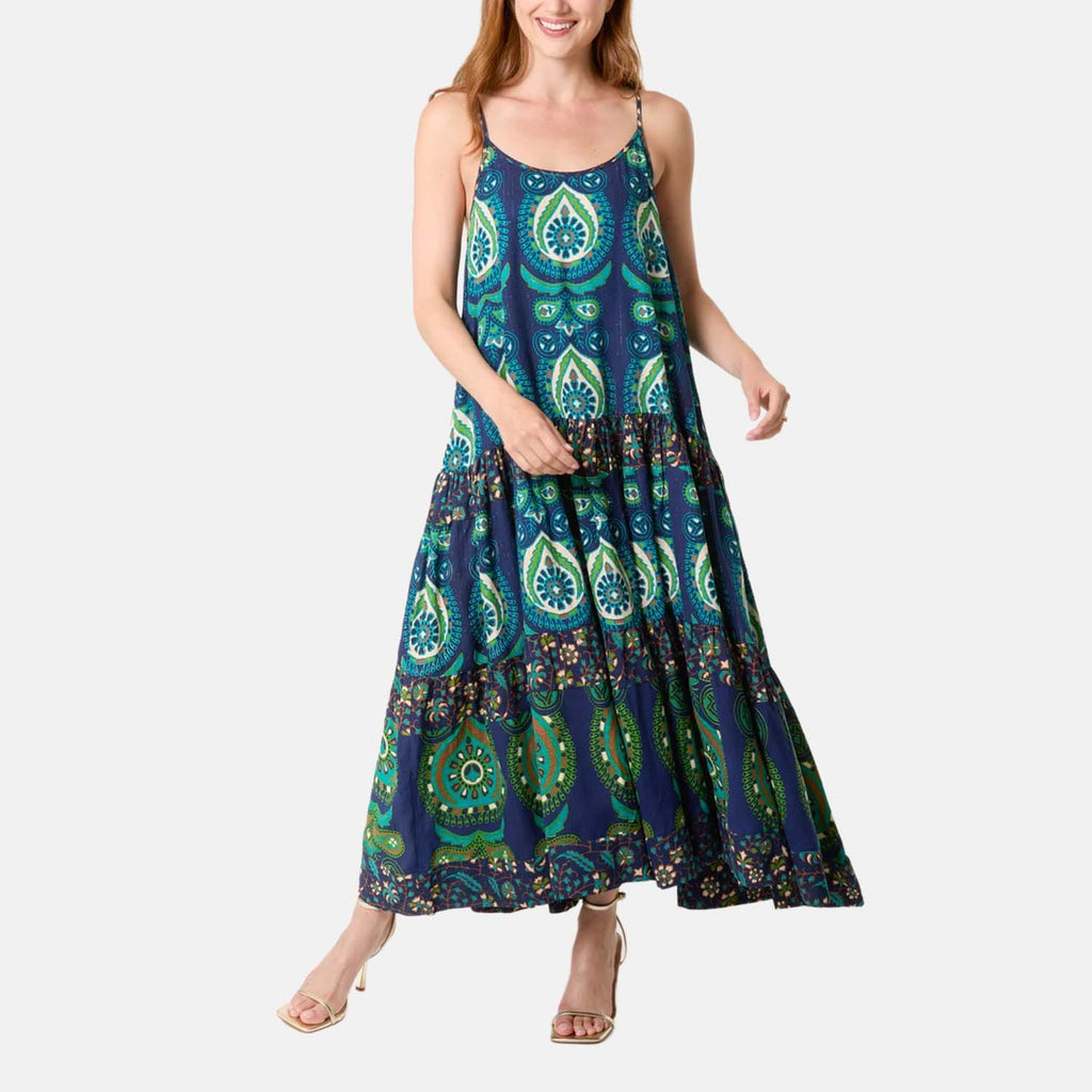 Wildflower Boho Print Tiered Cami Dress (Size S, 8-10) - Dark Blue_8565827