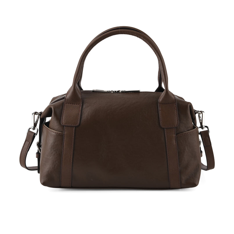 Genuine Leather Structured Duffle Satchel Bag with Crossbody Strap - Coffee_8565889