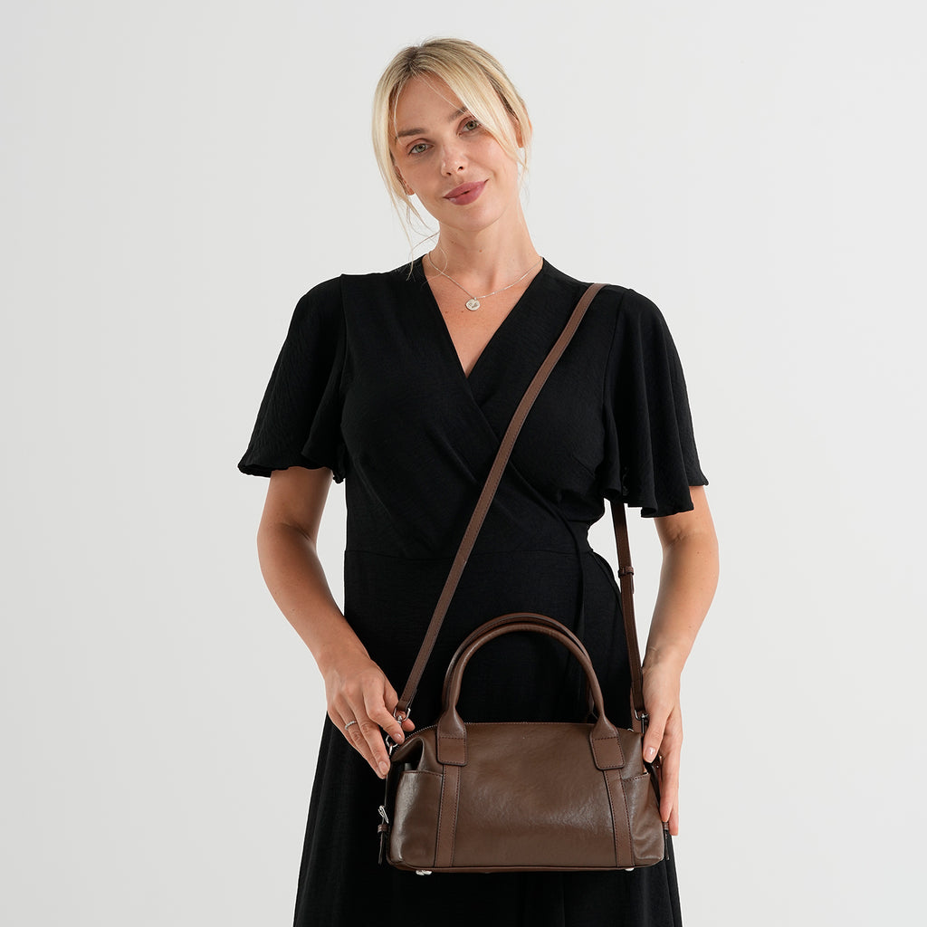 Genuine Leather Structured Duffle Satchel Bag with Crossbody Strap - Coffee_8565889_2