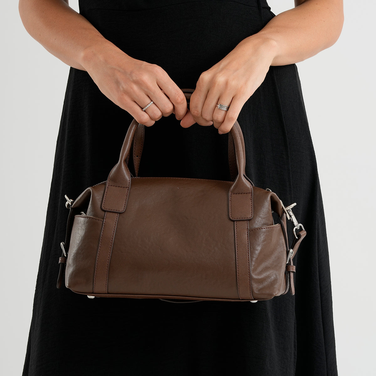 Genuine Leather Structured Duffle Satchel Bag with Crossbody Strap - Coffee 8565889 3