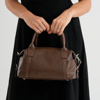 Genuine Leather Structured Duffle Satchel Bag with Crossbody Strap - Coffee_8565889_3