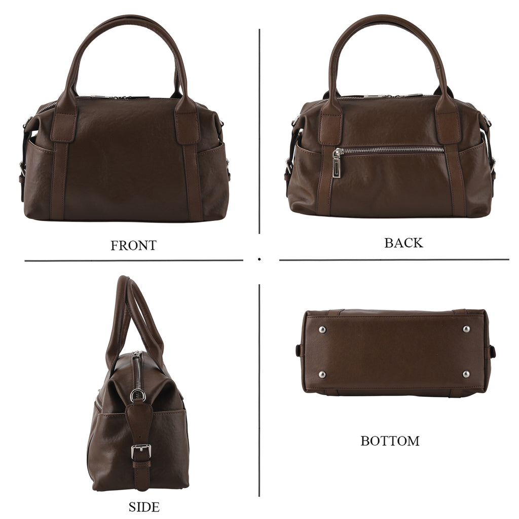 Genuine Leather Structured Duffle Satchel Bag with Crossbody Strap - Coffee_8565889_4