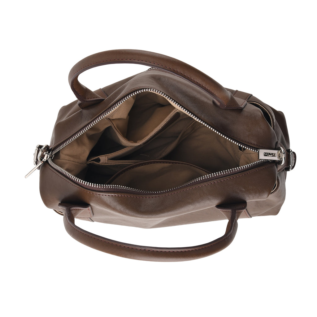 Genuine Leather Structured Duffle Satchel Bag with Crossbody Strap - Coffee_8565889_5