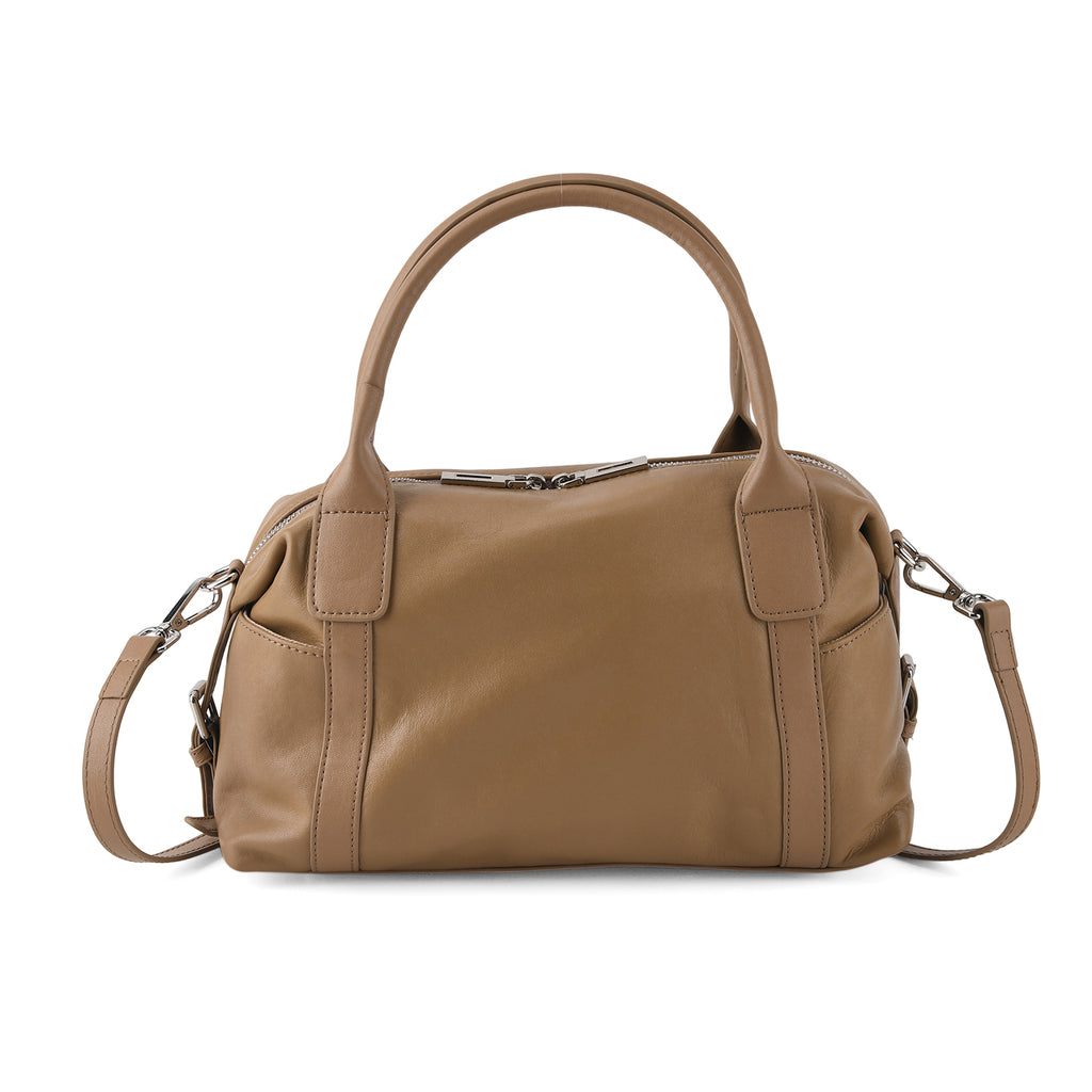 Genuine Leather Structured Duffle Satchel Bag with Crossbody Strap - Khaki_8565898