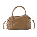 Genuine Leather Structured Duffle Satchel Bag with Crossbody Strap - Khaki_8565898
