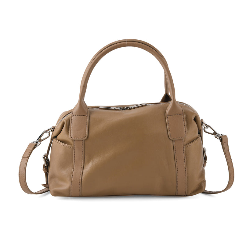 Genuine Leather Structured Duffle Satchel Bag with Crossbody Strap - Khaki_8565898