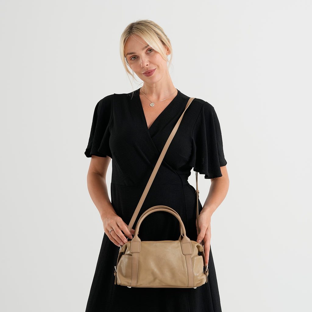Genuine Leather Structured Duffle Satchel Bag with Crossbody Strap - Khaki_8565898_2