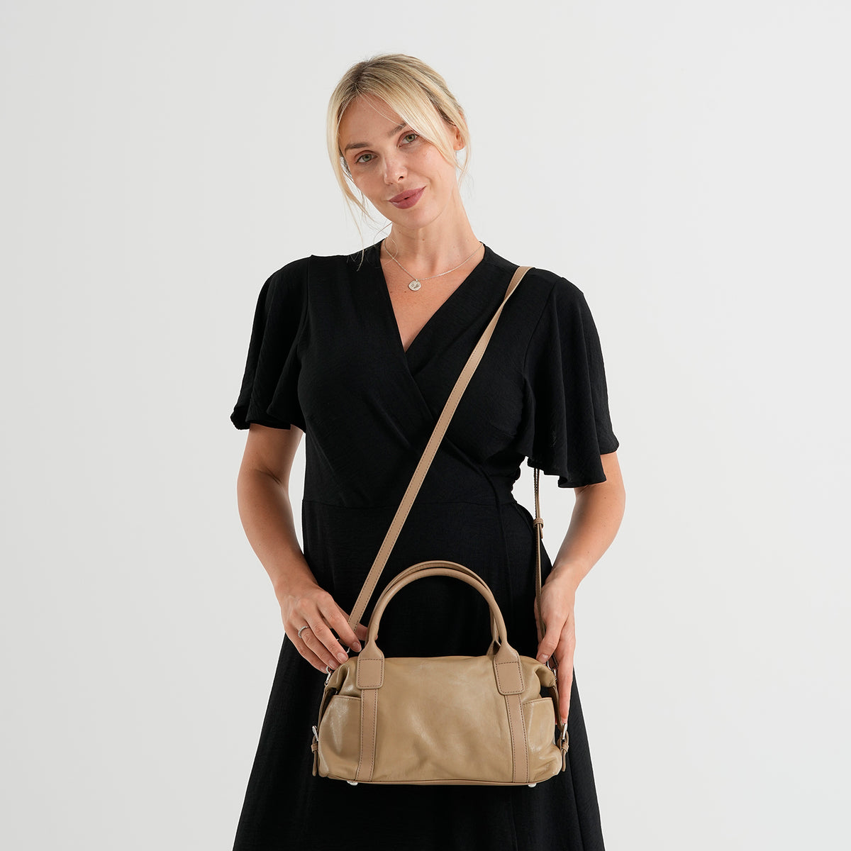 Genuine Leather Structured Duffle Satchel Bag with Crossbody Strap - Khaki V32713212 2