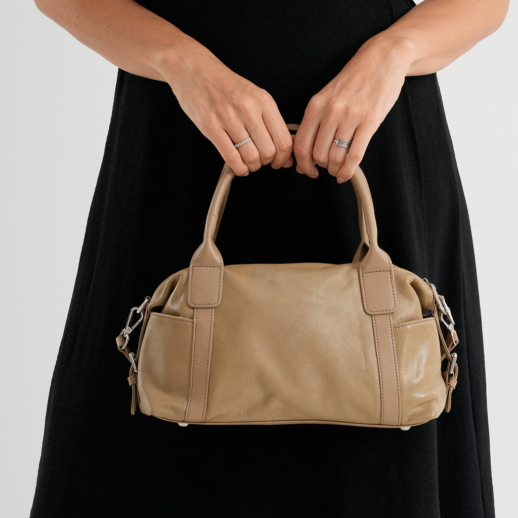 Genuine Leather Structured Duffle Satchel Bag with Crossbody Strap - Khaki_8565898_3