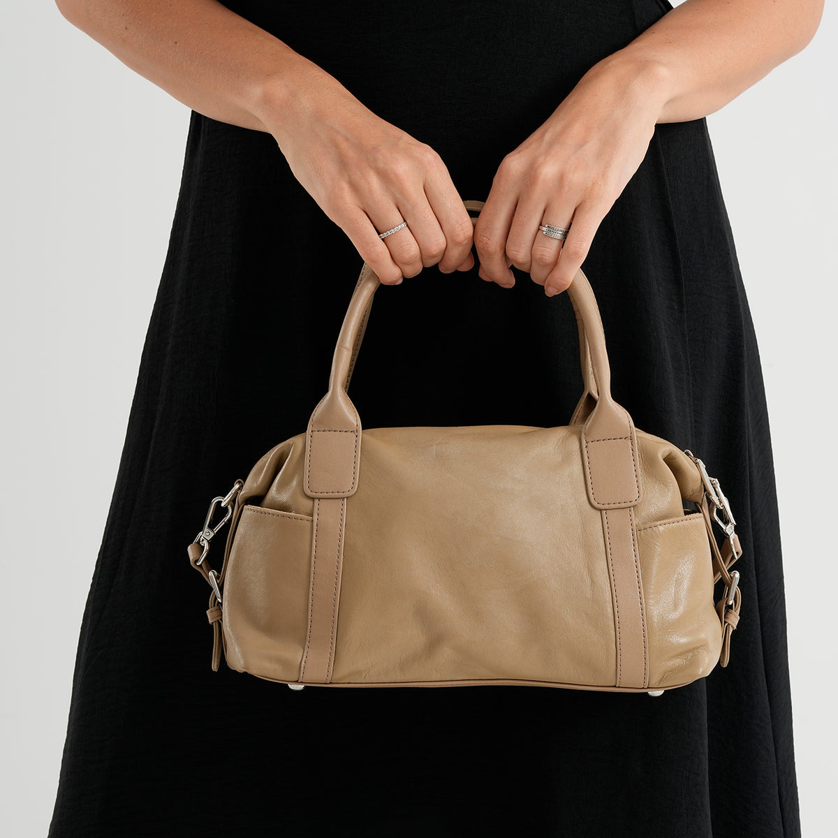 Genuine Leather Structured Duffle Satchel Bag with Crossbody Strap - Khaki V32713212 3