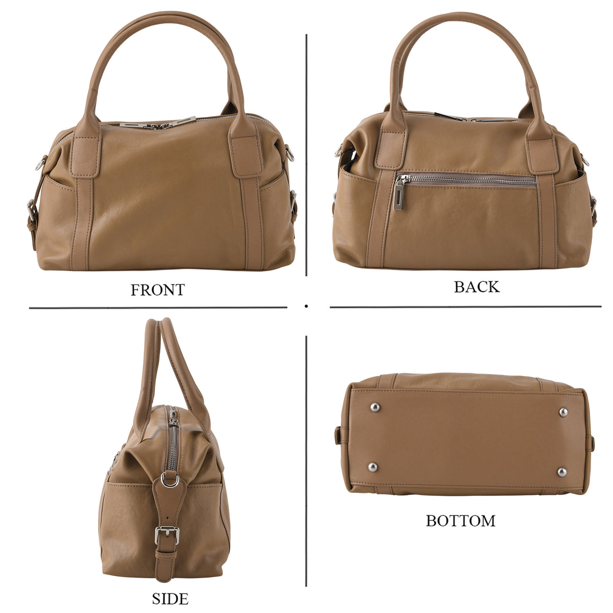 Genuine Leather Structured Duffle Satchel Bag with Crossbody Strap - Khaki V32713212 4