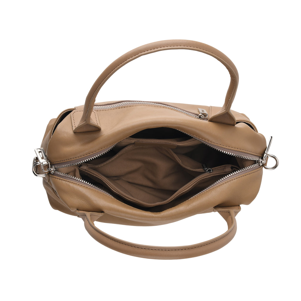 Genuine Leather Structured Duffle Satchel Bag with Crossbody Strap - Khaki_8565898_5