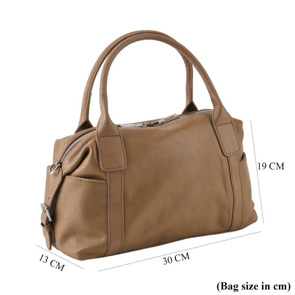 Genuine Leather Structured Duffle Satchel Bag with Crossbody Strap - Khaki_8565898_7