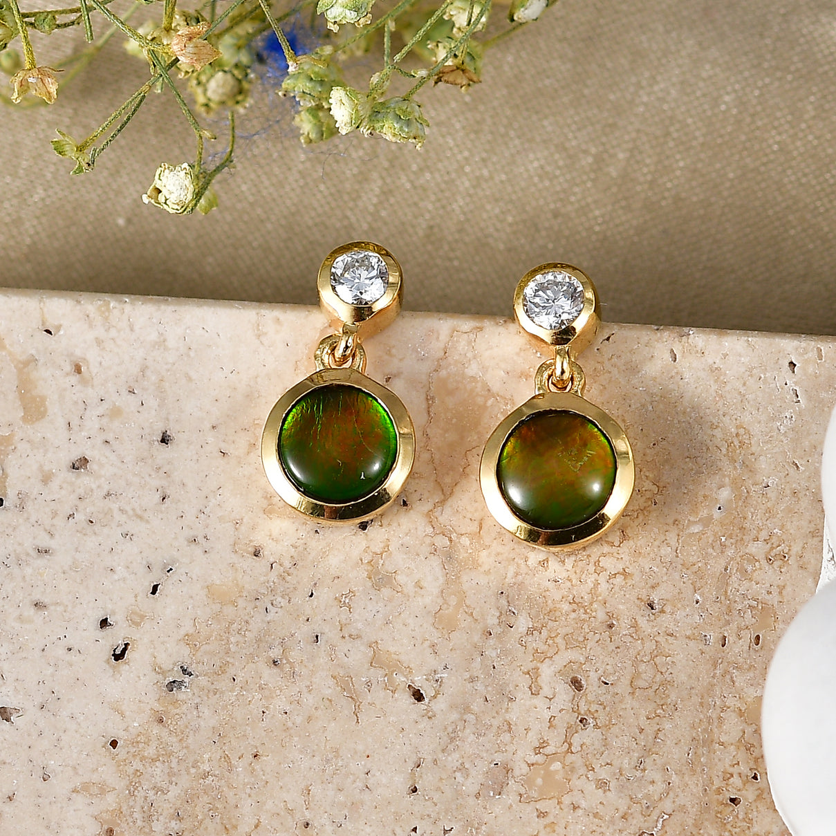 Luxuriant - Ammolite &amp; Lab Grown Diamond (SI-G-H) Dangling Earring with Push Post in 18K Vermeil Yellow Gold Plated Sterling Silver 1.90 Ct. 8566046 3
