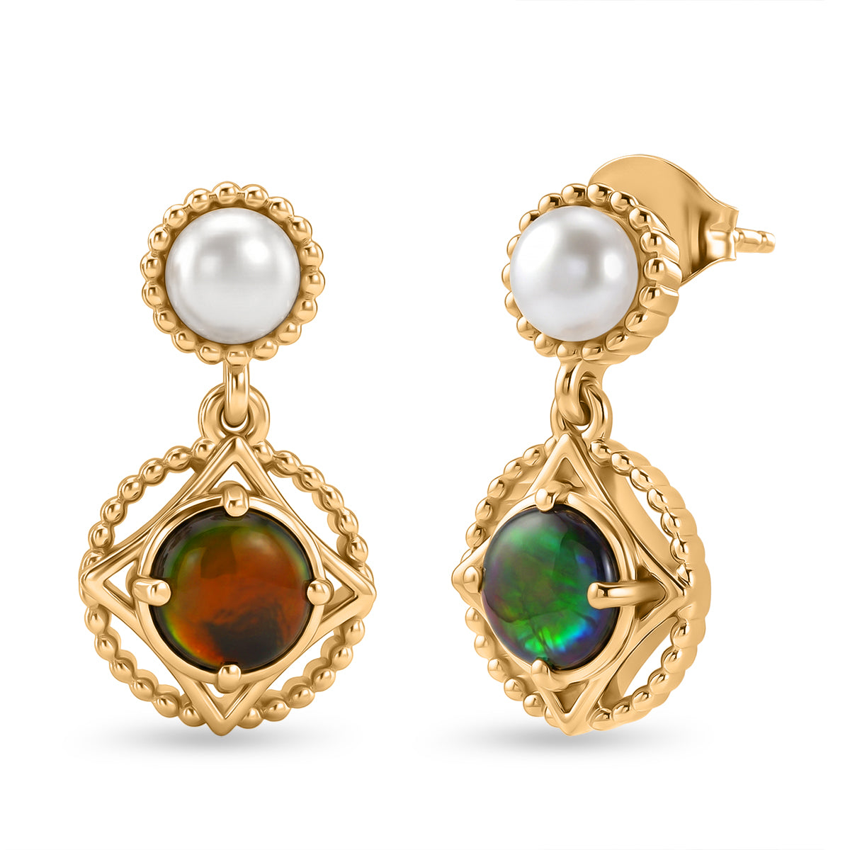 D'Joy - Ammolite &amp; Fresh Water Pearl Dangling Earring with Push Post in 18K Vermeil Yellow Gold Plated Sterling Silver 3.00 Ct. V32513218 0