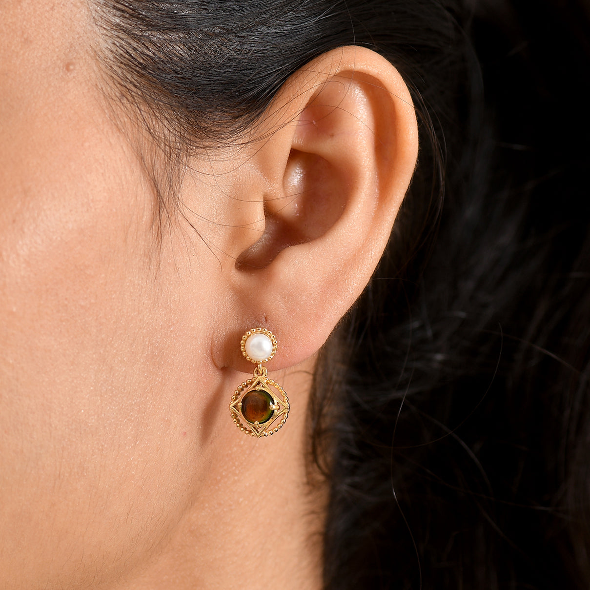 D'Joy - Ammolite &amp; Fresh Water Pearl Dangling Earring with Push Post in 18K Vermeil Yellow Gold Plated Sterling Silver 3.00 Ct. V32513218 2