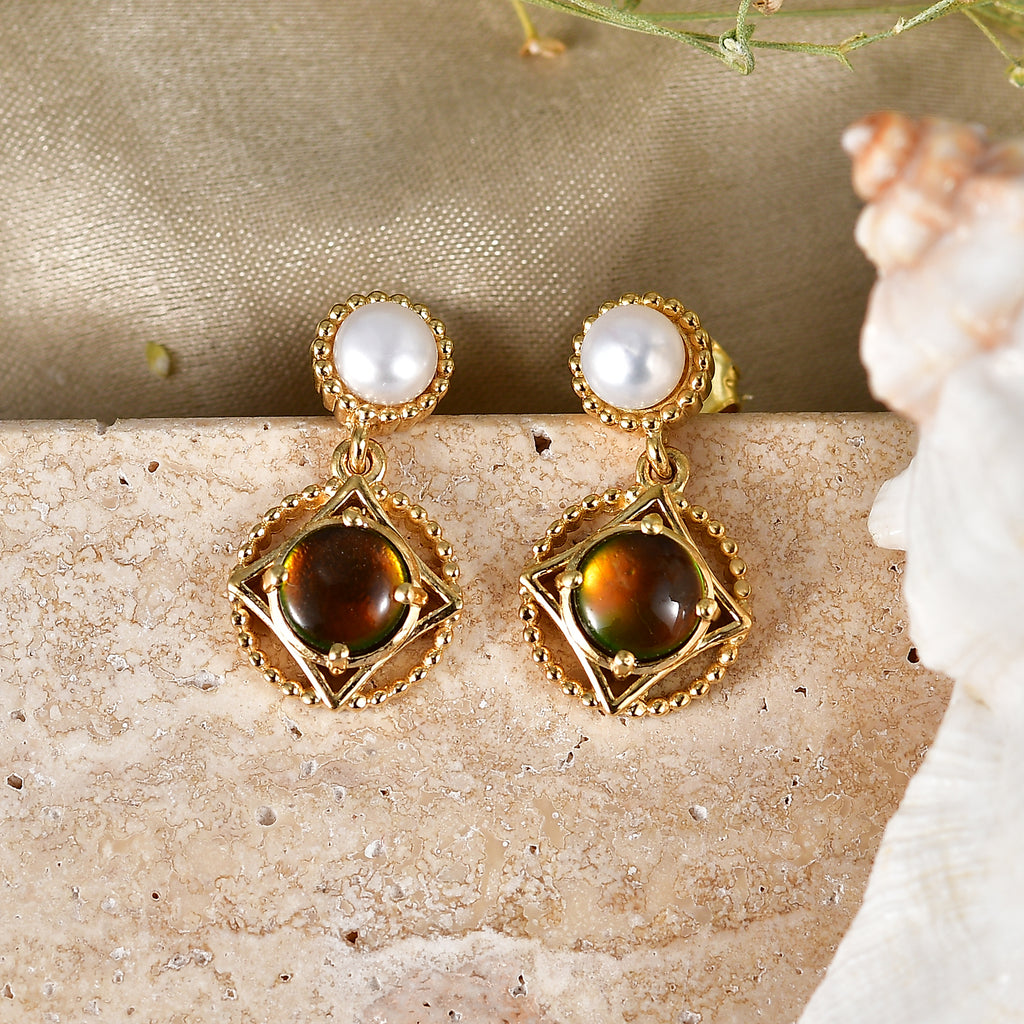 D'Joy - Ammolite & Fresh Water Pearl Dangling Earring with Push Post in 18K Vermeil Yellow Gold Plated Sterling Silver 3.00 Ct._8566047_2