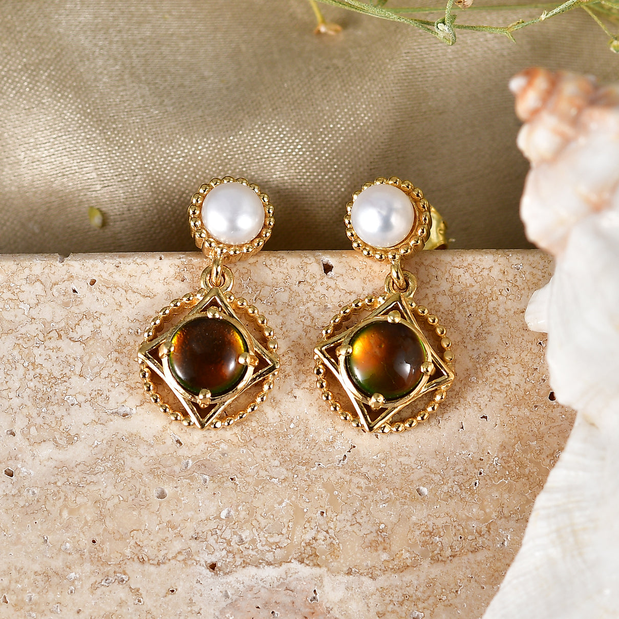 D'Joy - Ammolite &amp; Fresh Water Pearl Dangling Earring with Push Post in 18K Vermeil Yellow Gold Plated Sterling Silver 3.00 Ct. V32513218 3