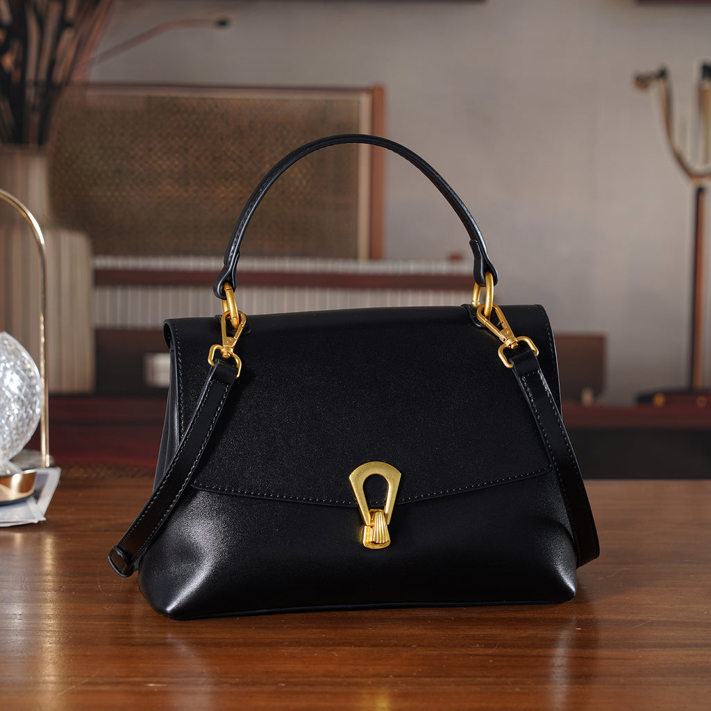 Genuine Leather Top-Handle Satchel Bag with Adjustable Shoulder Strap - Black_8566512_1