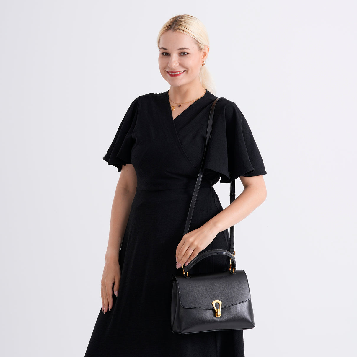 Genuine Leather Top-Handle Satchel Bag with Adjustable Shoulder Strap - Black 8566512 3