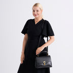 Genuine Leather Top-Handle Satchel Bag with Adjustable Shoulder Strap - Black_8566512_2