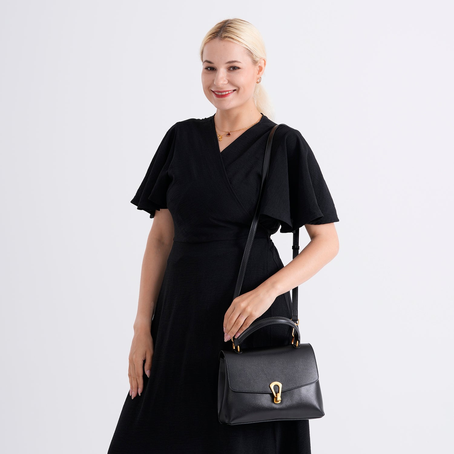 Genuine Leather Top-Handle Satchel Bag with Adjustable Shoulder Strap - Black 8566512 3