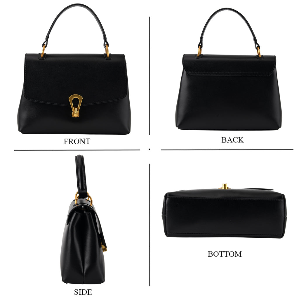 Genuine Leather Top-Handle Satchel Bag with Adjustable Shoulder Strap - Black_8566512_4