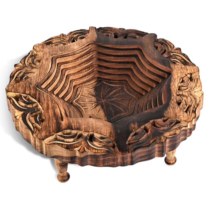 Hand-Carved Wooden Collapsible Heptagon Spring Tray Basket with Feet (26.5 x 26.5 cm) - Natural Brown 8566553 1