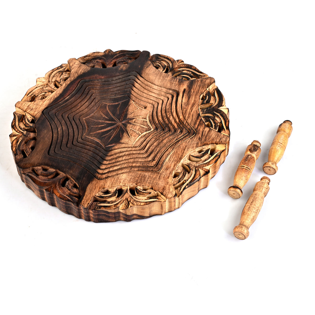 Hand-Carved Wooden Collapsible Heptagon Spring Tray Basket with Feet (26.5 x 26.5 cm) - Natural Brown 8566553 3