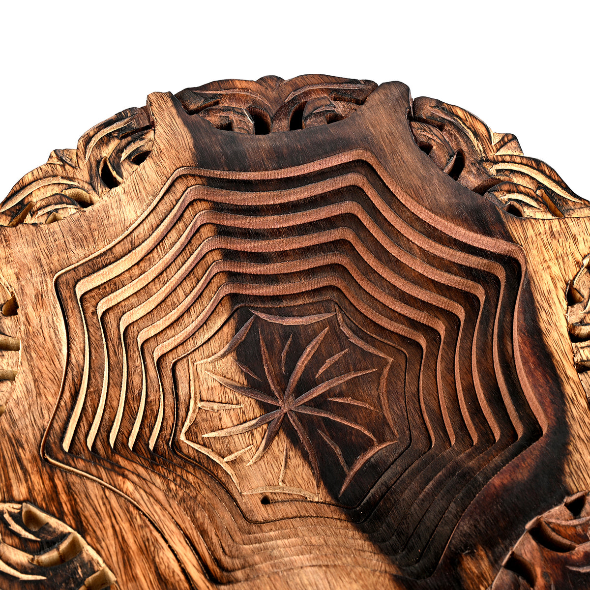 Hand-Carved Wooden Collapsible Heptagon Spring Tray Basket with Feet (26.5 x 26.5 cm) - Natural Brown 8566553 4