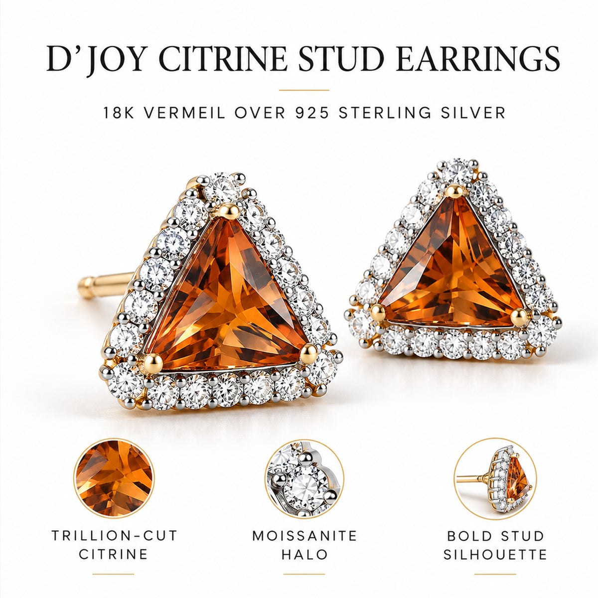 Certified and Appraised D'Joy Citrine, Moissanite Main Stone With Surrounding Stone Earring in 18K Yellow Gold Vermeil Sterling Silver 3.320 Ct. 8566583 3