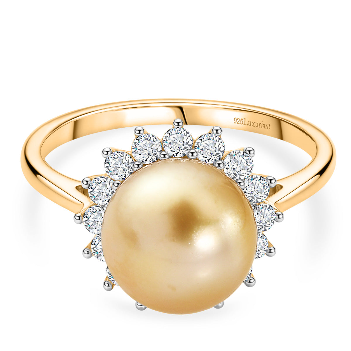 Luxuriant - Premium Golden South Sea Pearl &amp; Lab Grown Diamond (0.60ct) (SI/G-H) Halo Ring in 18K Vermeil Yellow Gold Plated Sterling Silver 8566623 0