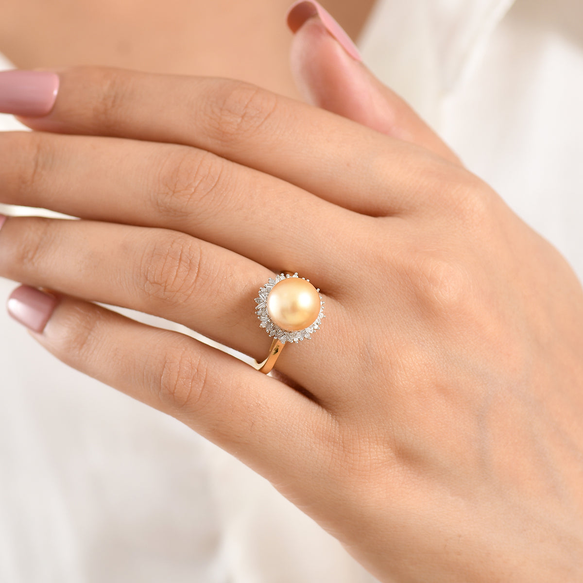 Luxuriant - Premium Golden South Sea Pearl &amp; Lab Grown Diamond (0.60ct) (SI/G-H) Halo Ring in 18K Vermeil Yellow Gold Plated Sterling Silver 8566623 2