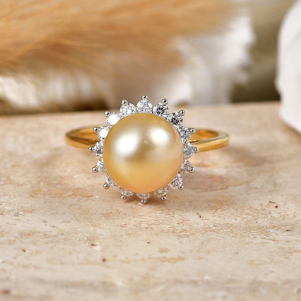 Luxuriant - AAA Golden South Sea Pearl & Lab Grown Diamond (0.60ct) (SI/G-H) Halo Ring in 18K Vermeil Yellow Gold Plated Sterling Silver_8566623_2