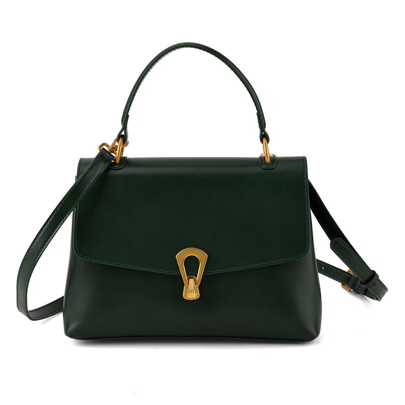 Genuine Leather Top-Handle Satchel Bag with Adjustable Shoulder Strap - Dark Green_8566635