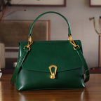 Genuine Leather Top-Handle Satchel Bag with Adjustable Shoulder Strap - Dark Green_8566635_1