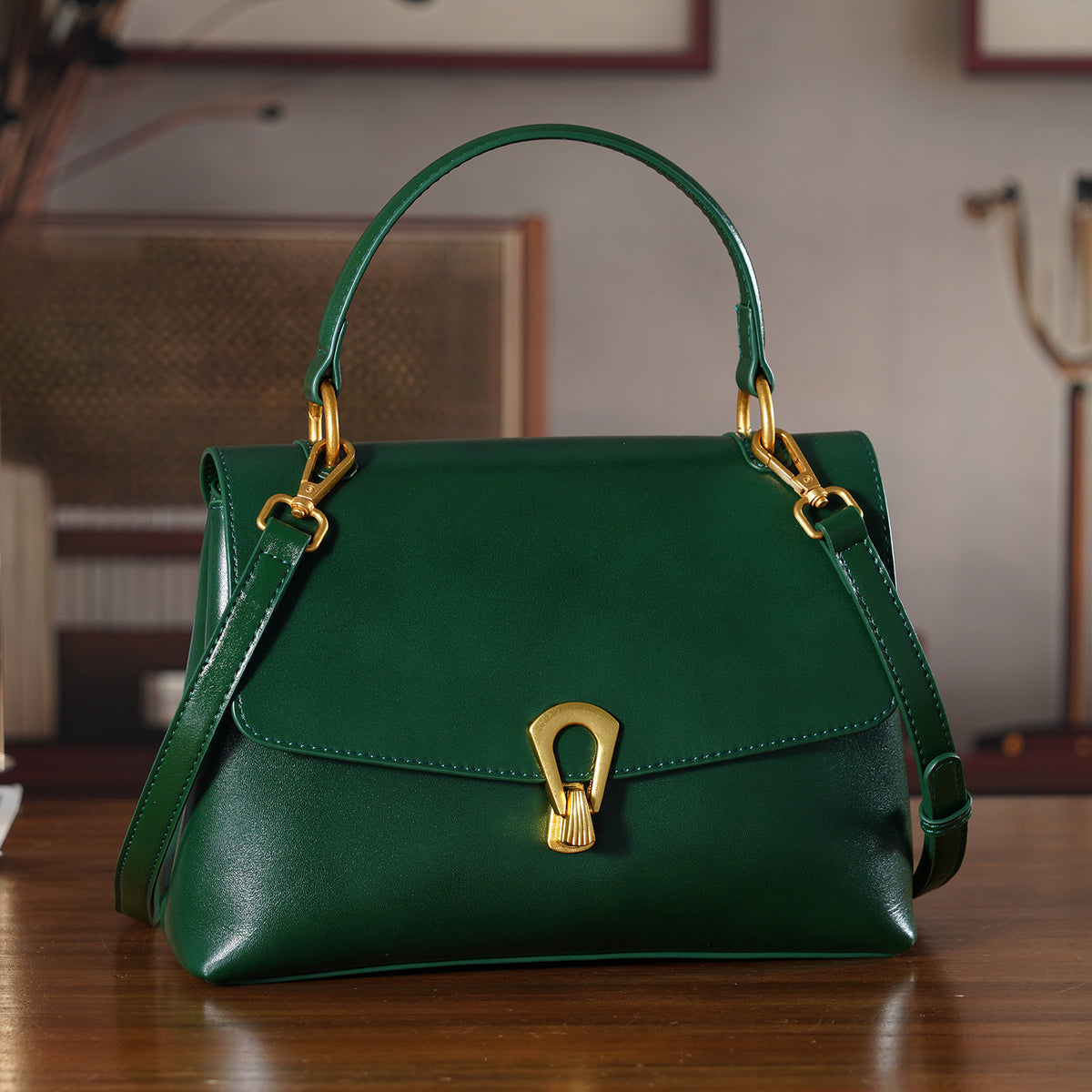 Genuine Leather Top-Handle Satchel Bag with Adjustable Shoulder Strap - Dark Green V32643156 2