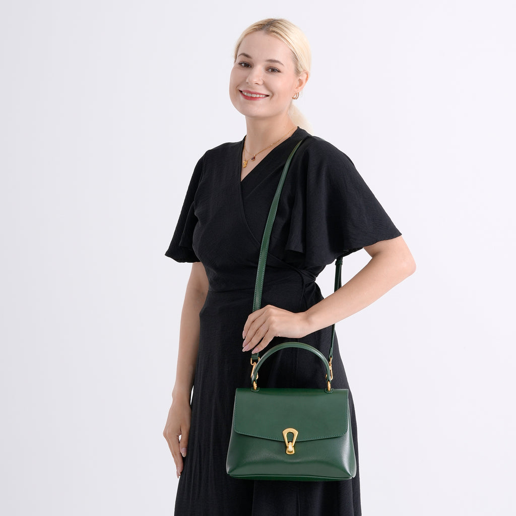 Genuine Leather Top-Handle Satchel Bag with Adjustable Shoulder Strap - Dark Green_8566635_2