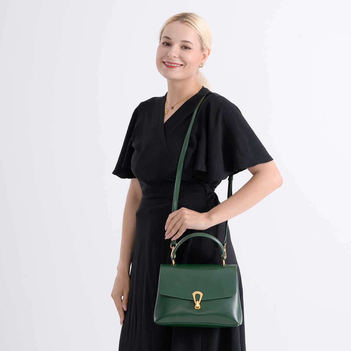 Genuine Leather Top-Handle Satchel Bag with Adjustable Shoulder Strap - Dark Green V32643156 3
