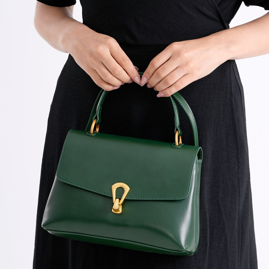 Genuine Leather Top-Handle Satchel Bag with Adjustable Shoulder Strap - Dark Green_8566635_3