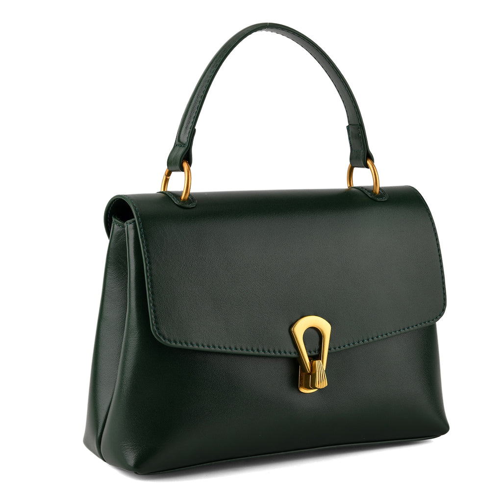 Genuine Leather Top-Handle Satchel Bag with Adjustable Shoulder Strap - Dark Green_8566635_7