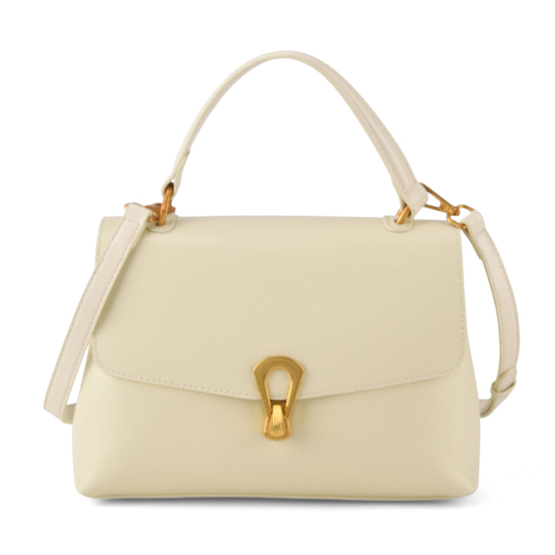 Genuine Leather Top-Handle Satchel Bag with Adjustable Shoulder Strap - Cream_8566637